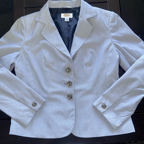 Talbots Petites Blue Preppy Pinstripe Fitted Blazer Jacket Italian Woven Cotton - Picture 5 of 11